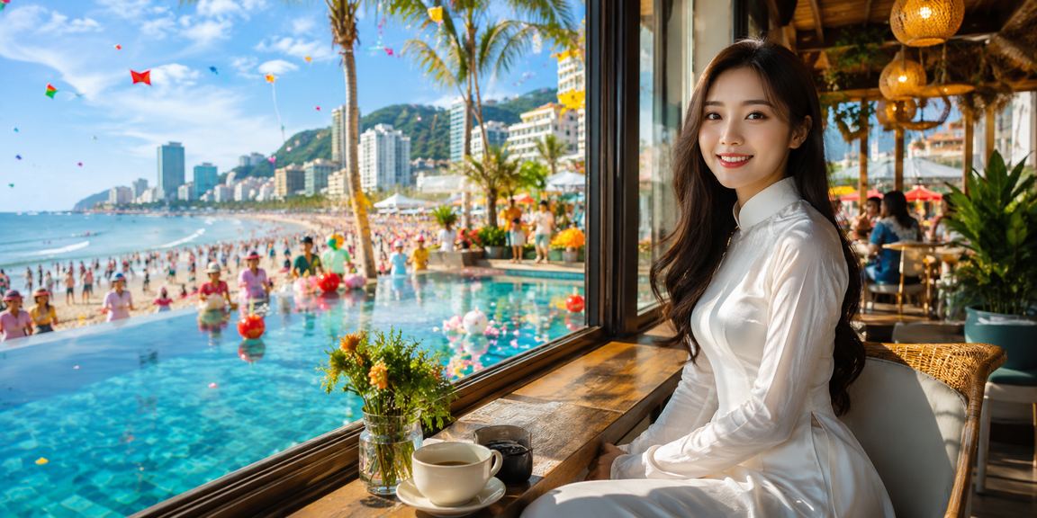 Phụ nữ áo dài tại Vũng Tàu cầm điện thoại kiểm tra số dư cashback VIP